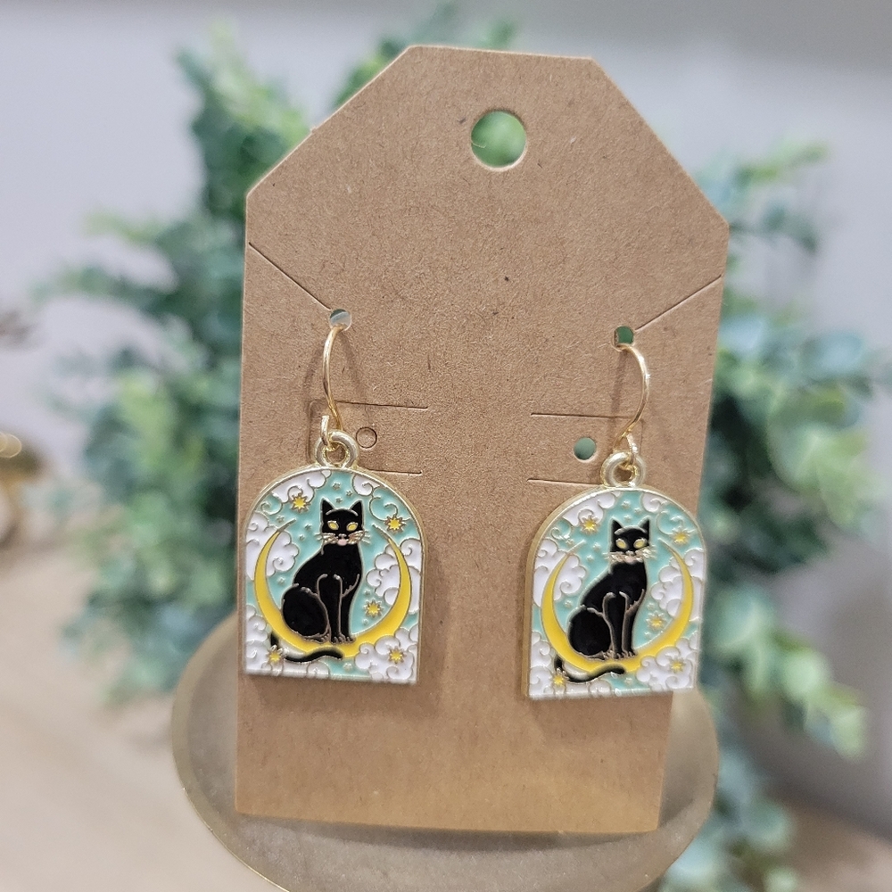 New 18k Gold Plated The Moon Tarot Card Celestial Black Cat Enamel Earrings Gift